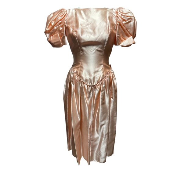 Vtg 80s JCPenney Peach Satin Prom/Bridesmaid Dress Puff Sleeves Big Bow Back USA - Picture 11 of 14